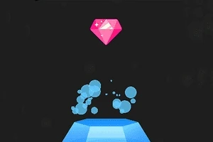Un diamante rosa brillante con burbujas azules flotando sobre una plataforma azul en un fondo negro