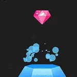 Un diamante rosa brillante con burbujas azules flotando sobre una plataforma azul en un fondo negro