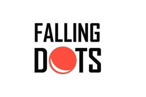Texto negro Falling Dots con un punto rojo en el centro sobre fondo blanco