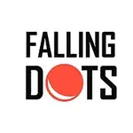 Texto negro Falling Dots con un punto rojo en el centro sobre fondo blanco