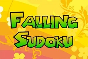 Texto en letras verdes que dice Falling Sudoku sobre un fondo amarillo con patrones florales y abstractos