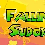 Texto en letras verdes que dice Falling Sudoku sobre un fondo amarillo con patrones florales y abstractos