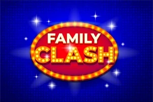 Logo con un fondo azul y un óvalo rojo brillante rodeado de luces amarillas, con el texto Family Clash en el centro