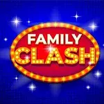 Logo con un fondo azul y un óvalo rojo brillante rodeado de luces amarillas, con el texto Family Clash en el centro