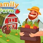 Un granjero sonriente sostiene una caja de verduras frente a un granero rojo y un campo con cultivos y un pavo