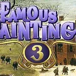Texto Famous Paintings 3 en letras grandes y moradas sobre una pintura invernal con personas caminando cerca de un edificio