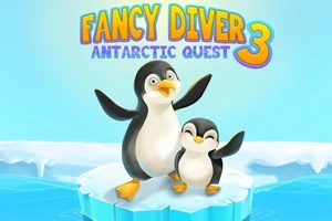 Dos pingüinos sobre un témpano de hielo con un fondo de hielo y agua, y un colorido título en la parte superior