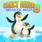 Dos pingüinos sobre un témpano de hielo con un fondo de hielo y agua, y un colorido título en la parte superior