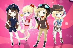 Cuatro personajes de estilo chibi, cada uno vestido con disfraces distintos: una policía, una princesa en rosa, una aviadora y una vaquera, sobre un fondo rosa con burbujas