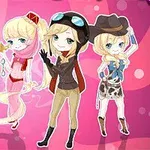 Cuatro personajes de estilo chibi, cada uno vestido con disfraces distintos: una policía, una princesa en rosa, una aviadora y una vaquera, sobre un fondo rosa con burbujas