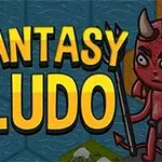Personajes de fantasía con armadura y cuernos rodean el texto Fantasy Ludo sobre un fondo de baldosas