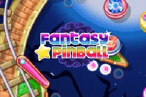 Texto colorido Fantasy Pinball sobre un fondo de diseño de pinball con detalles brillantes y elementos circulares
