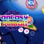 Texto colorido Fantasy Pinball sobre un fondo de diseño de pinball con detalles brillantes y elementos circulares