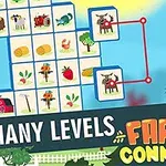Interfaz de rompecabezas con iconos de animales y vegetales de granja conectados, junto a un texto que dice Many Levels