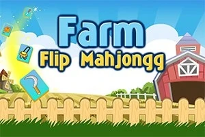 Titulo de Farm Flip Mahjongg sobre un fondo de granja con cerca de madera y un granero rojo