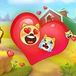 Dos emojis de perros dentro de un gran corazón rojo sobre un paisaje de granja con pacas de heno y un granero
