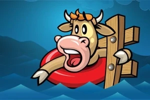 Vaca caricaturesca con expresión de sorpresa flotando en un salvavidas rojo rodeada de agua y sostenida por un poste de madera