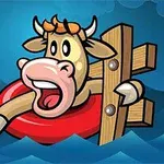 Vaca caricaturesca con expresión de sorpresa flotando en un salvavidas rojo rodeada de agua y sostenida por un poste de madera