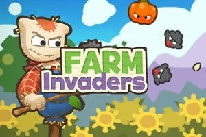 Espantapájaros con un bate frente a girasoles y nubes, acompañado de una calabaza y ovejas voladoras con expresión malvada, con el texto Farm Invaders