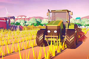 Tractor en un campo de cultivo con vegetación alta, molinos de viento y montañas al fondo