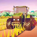 Tractor en un campo de cultivo con vegetación alta, molinos de viento y montañas al fondo