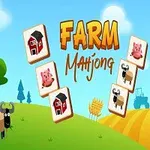 Paisaje de granja con un árbol, oveja caricaturesca, cartas con imágenes de animales y edificios, y un tractor al fondo