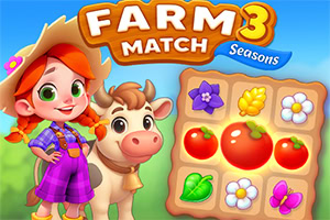 Niña sonriente con sombrero de paja junto a una vaca y un tablero de juego con frutas y flores