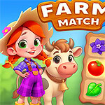 Niña sonriente con sombrero de paja junto a una vaca y un tablero de juego con frutas y flores
