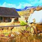 Un campo agrícola con una oveja frente a una cabaña de madera, rodeado de productos agrícolas y herramientas