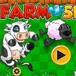 Un fondo verde con ilustraciones de una vaca, una oveja y un caballo animados, junto a un botón de reproducción amarillo
