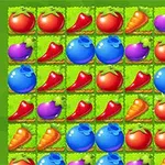 Rejilla colorida con dibujos de tomates, zanahorias, chiles, berenjenas y arándanos sobre fondo verde