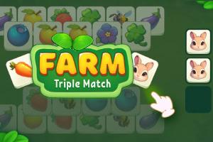 Interfaz de juego con fichas de animales y vegetales, destacando un botón grande que dice Farm Triple Match