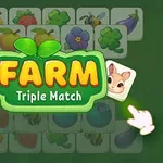 Interfaz de juego con fichas de animales y vegetales, destacando un botón grande que dice Farm Triple Match