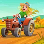 Mujer sonriente con sombrero conduce un tractor rojo en un campo con pacas de heno y colinas al fondo