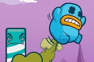 Un personaje azul con una expresión facial de esfuerzo es lanzado hacia el aire por una mano, con un fondo morado y nubes blancas