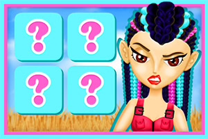 Personaje con cabello trenzado de colores brillantes junto a un panel de cuatro cuadros con signos de interrogación, sobre un fondo de campo