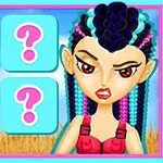 Personaje con cabello trenzado de colores brillantes junto a un panel de cuatro cuadros con signos de interrogación, sobre un fondo de campo