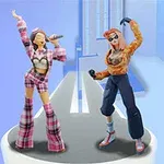 Dos personajes animados en ropa colorida posan con micrófonos, sobre una plataforma con un fondo azul geométrico
