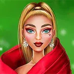 Una mujer con cabello rubio y ojos azules, usando aretes brillantes y envuelta en una bufanda roja, frente a un fondo verde