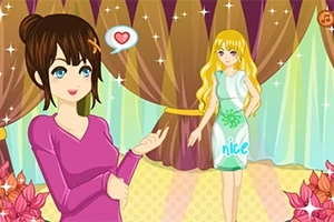 Dos chicas en una escena colorida con cortinas y flores, una de ellas hablando con un globo de texto que contiene un corazón