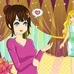 Dos chicas en una escena colorida con cortinas y flores, una de ellas hablando con un globo de texto que contiene un corazón
