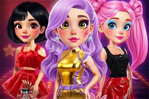 Tres chicas estilizadas con cabello negro, lila y rosa, vestidas con atuendos brillantes sobre un fondo morado con estrellas