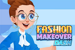 Mujer caricaturizada con gafas y blusa azul junto al texto Fashion Makeover Dash