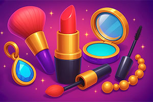 Productos de maquillaje coloridos, incluyendo lápiz labial, brocha, sombra de ojos, máscara, arete con gema azul y collar de perlas doradas, sobre un fondo morado brillante