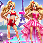 Mujer rubia con dos atuendos diferentes: ropa deportiva roja y vestido de gala rosa, con la torre Eiffel al fondo