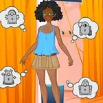 Mujer de cabello rizado con una blusa azul y falda beige frente a un probador con cortinas anaranjadas y burbujas de pensamiento con íconos de candados