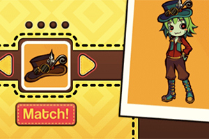 Personaje de dibujos animados con cabello verde y sombrero de copa, junto a un icono de sombrero a juego y un botón con la palabra Match!