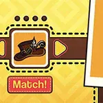 Personaje de dibujos animados con cabello verde y sombrero de copa, junto a un icono de sombrero a juego y un botón con la palabra Match!