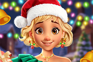 Mujer rubia sonriente con gorro de Santa, aretes navideños y luces de colores desenfocadas al fondo