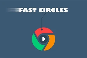 Texto FAST CIRCLES en la parte superior con un círculo colorido debajo y un ícono de reproducción en el centro sobre un fondo azul